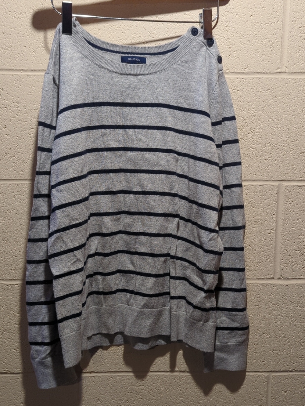 Nautica Light Gray Sweater with Navy Stripes